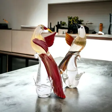 LORE - Coppia di Sculture Colibrì stilizzati in vetro di Murano decorati in foglia oro e argento