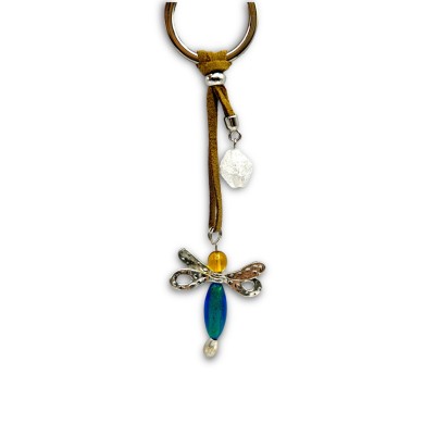 DRAGONFLY - Key ring with Murano Glass BLUE pearl and SILVER leaf