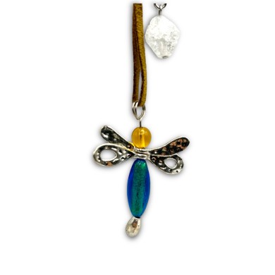 DRAGONFLY - Key ring with Murano Glass BLUE pearl and SILVER leaf