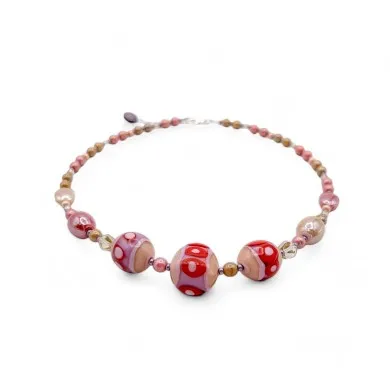 JUDIT – Frühlingshalskette mit ROSA und ROTEN Perlen aus Muranoglas